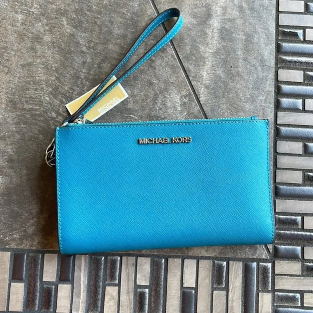 Michael Kors Large Double Zip Leather Wallet Wristlet Phone Case Lagoon